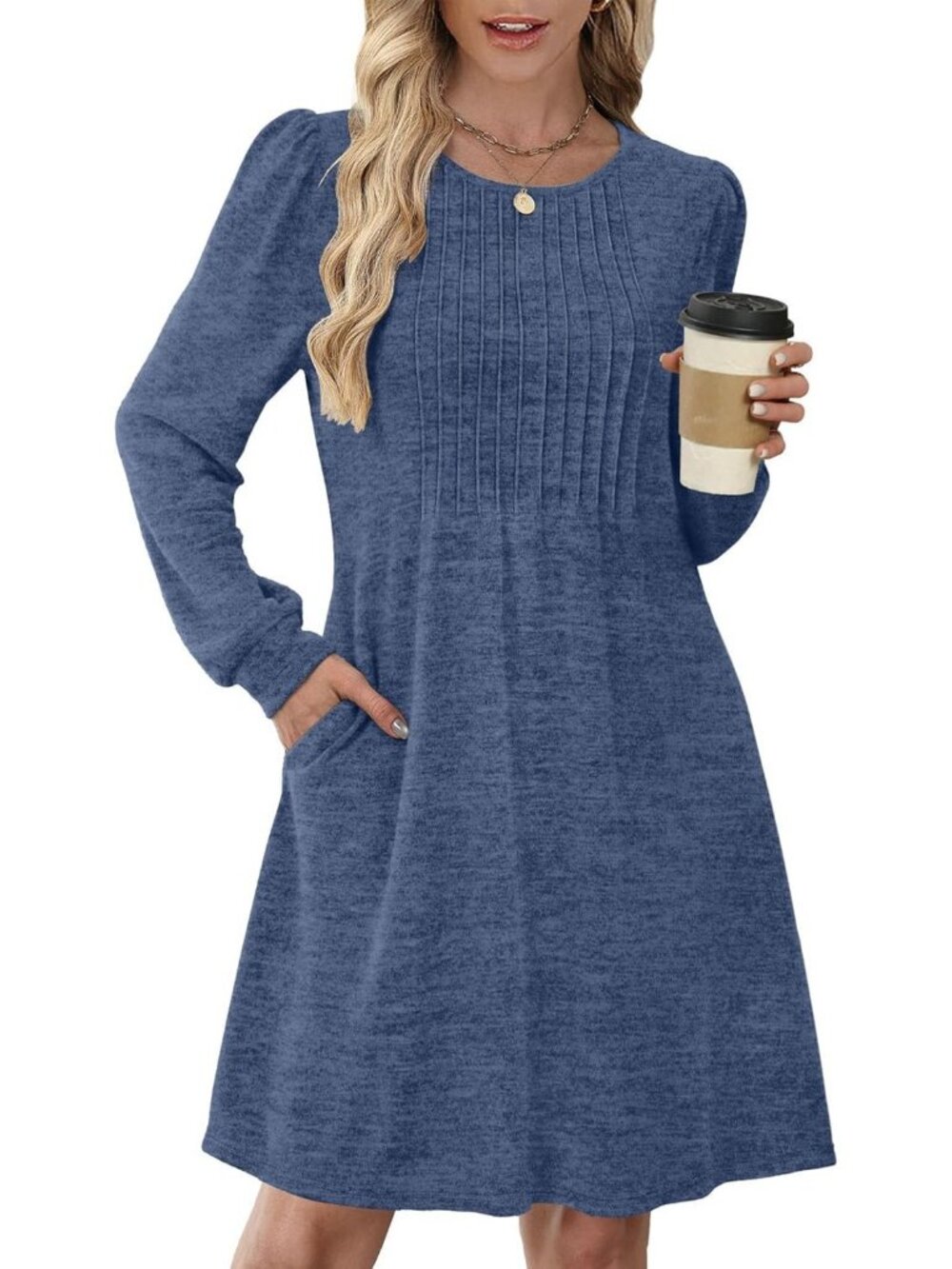Women's Dark Blue Pleated Crew Neck Pockets Fall Baby Doll Sweater Mini Dress - Picture 2 of 5